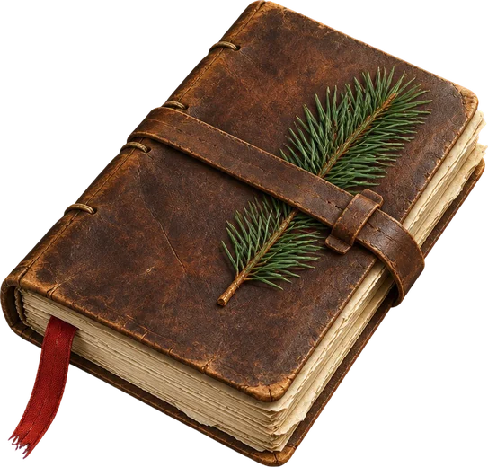 Buku Hafalan bersampul kulit cokelat dengan pita merah dan ranting pinus terselip di talinya.