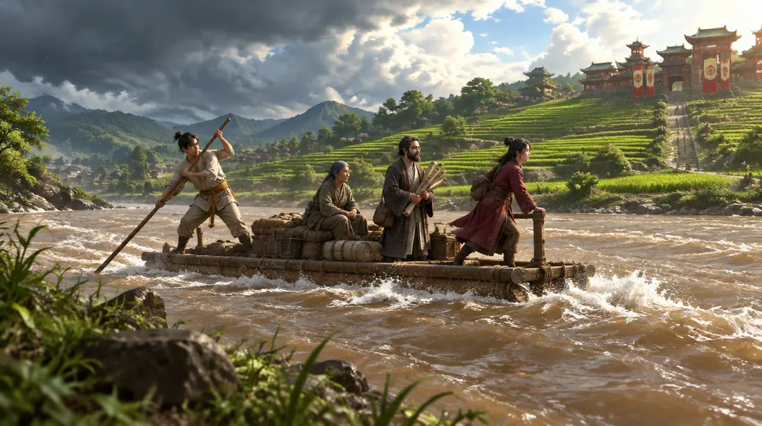 Rombongan menyeberangi sungai cokelat yang meluap dengan rakit kayu, Aurin mendayung di buritan.